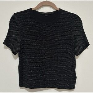 JOHN JOHN Crop Top Sweater XS Black Silver Shimmer Stripe Knit Tee Y2K Party